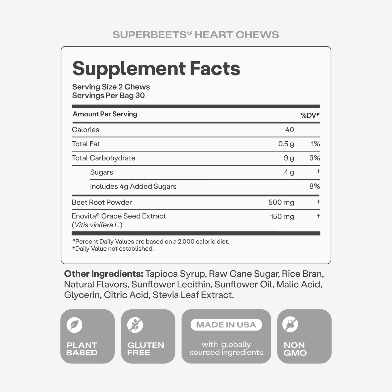 SuperBeets Heart Chews 60 Count Non-gmo Grape Seed Extract Pomegranate Flavor