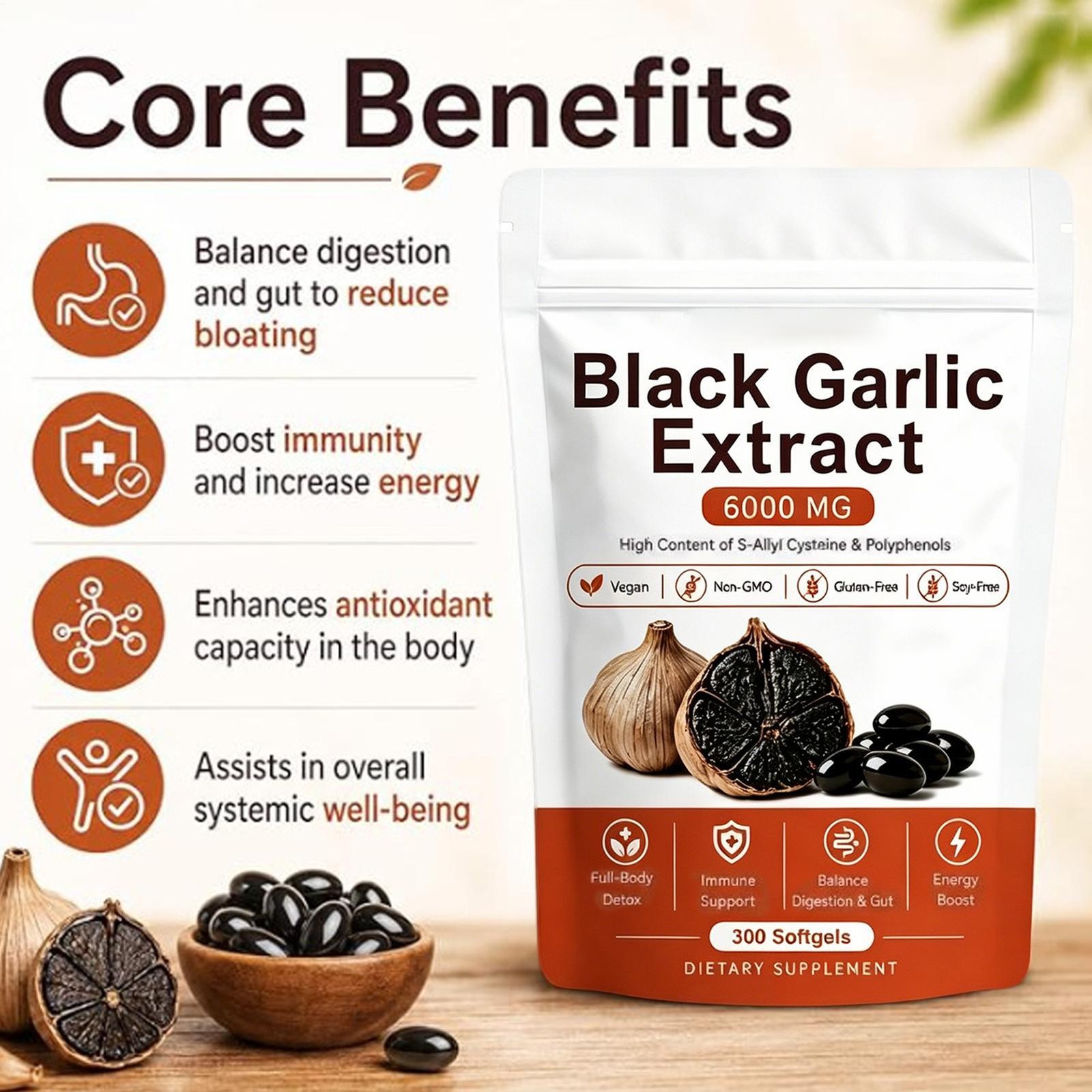 Black Garlic Extract Capsules – Natural Aged Odorless Organic Supplement