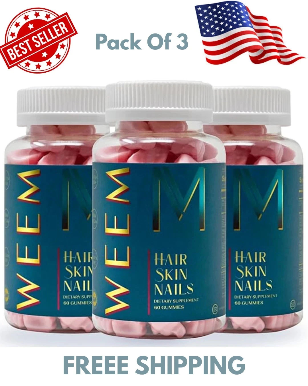 WEEM Hair Skin Nails Gummies Vegan Biotin Vitamins Healthy Hair 3Pk Exp.12/2026