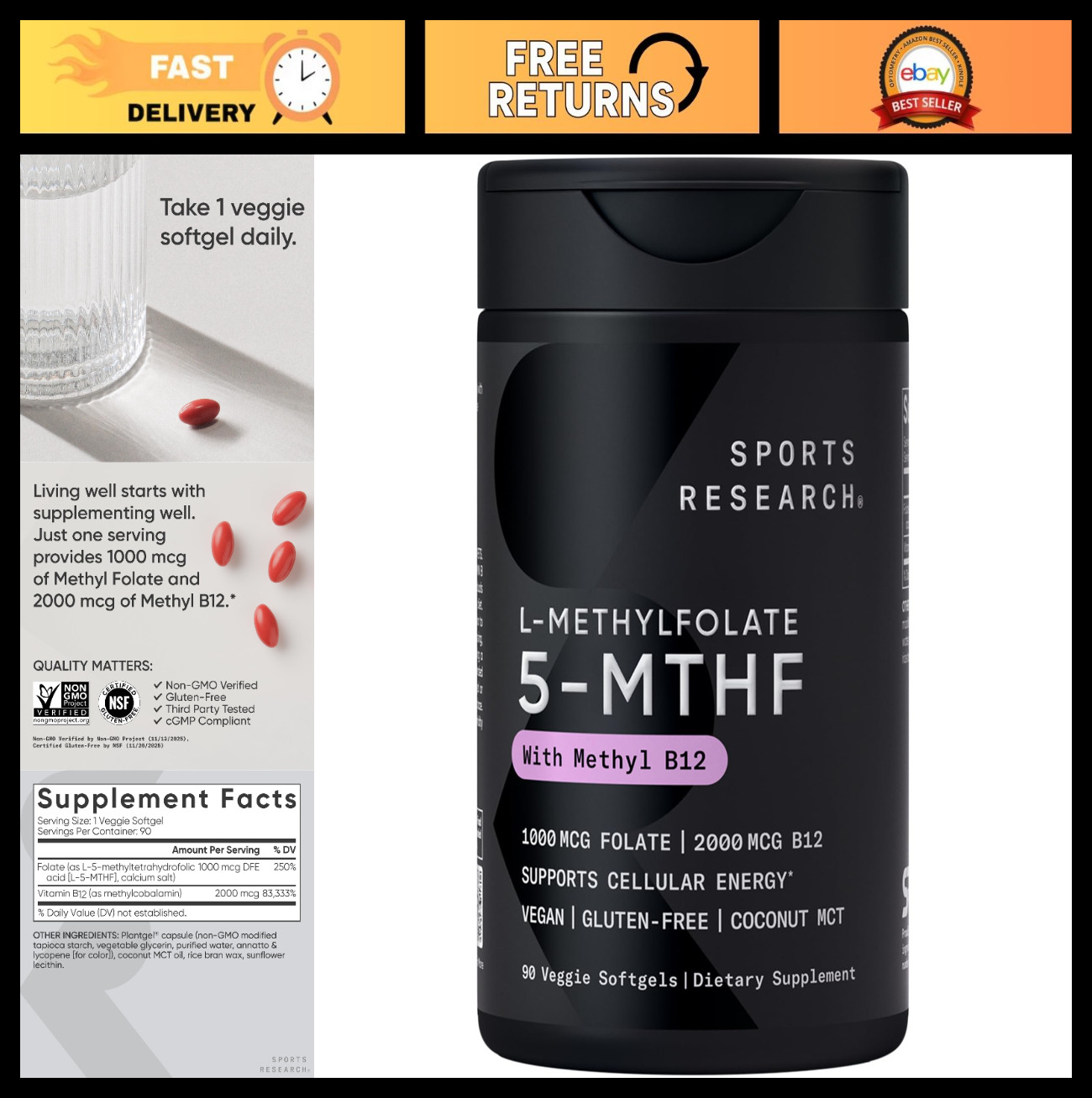 Methyl Folate & B12 Complex – 1000 mcg L-Methylfolate, 2000 mcg Methylcobalamin,