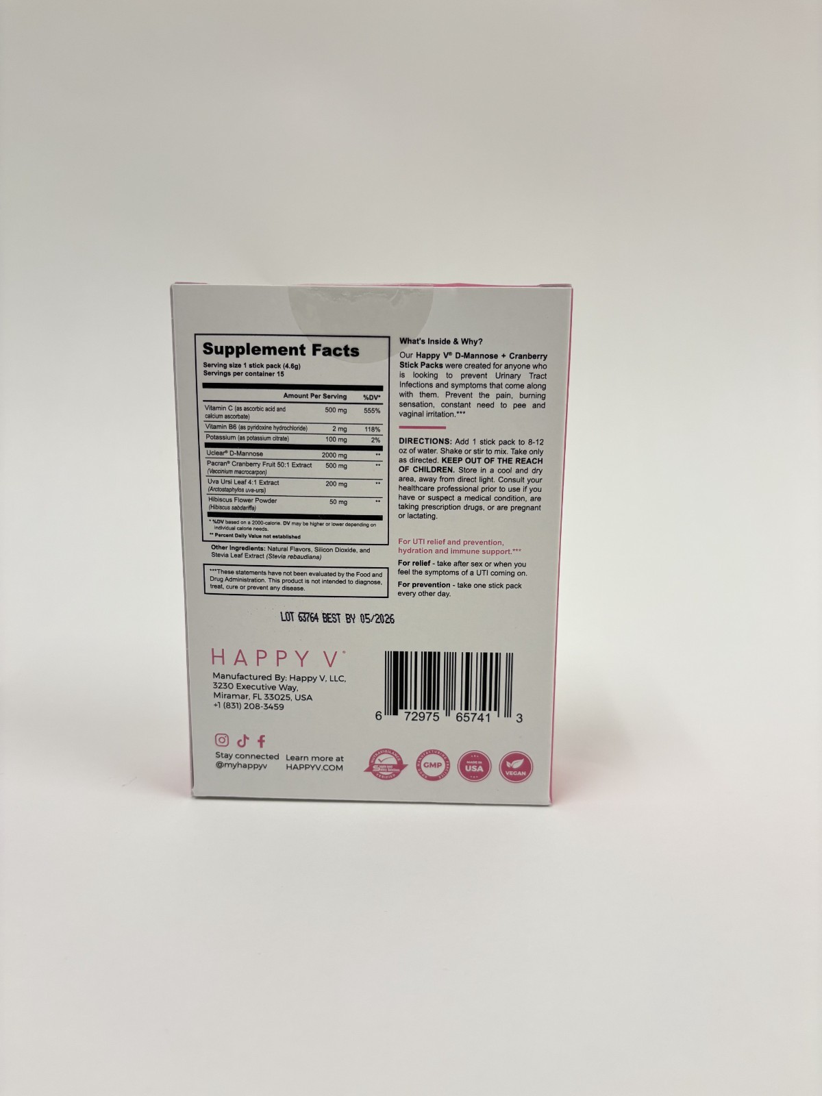 Happy V Women’s Daily Box 15 Stick Packs Exp 5/26 UTI Health – New In Box