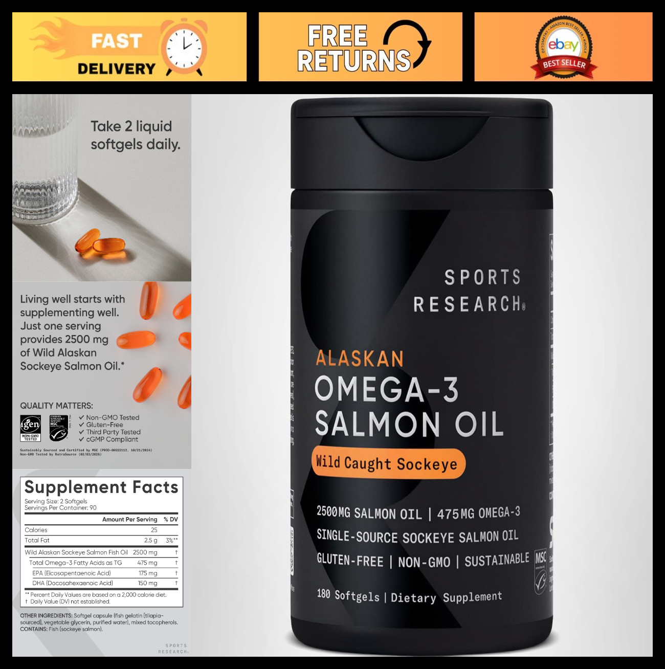 Wild Alaskan Sockeye Salmon Oil 2500mg Softgels | EPA & DHA Omega-3 | 180 Count