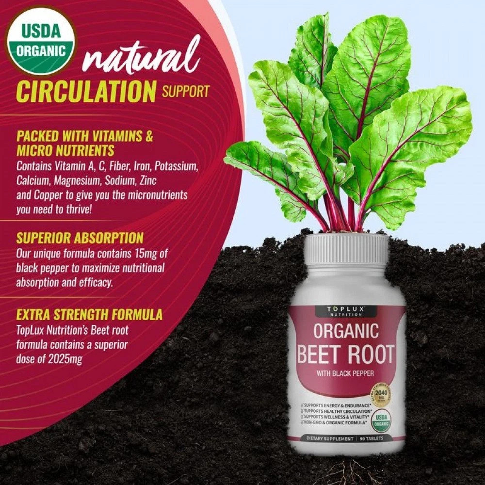 Toplux Organic Beet Root Tablets-Nitric Oxide Booster Beetroot Supplement 2040m+