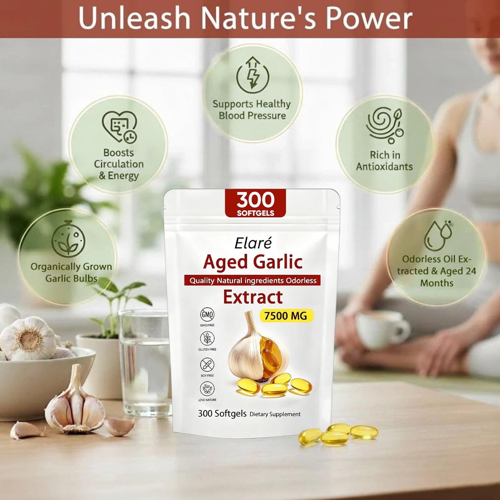 1X Elare Aged Garlic Extract, 300 Softgels, 7500mg Odorless | Heart & Immune