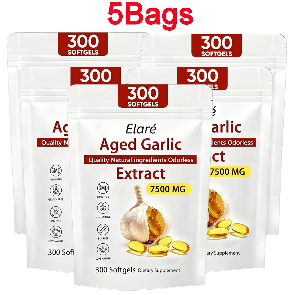 300 Softgels, 1-5X Elare Aged Garlic Extract, 7500mg Odorless | Heart & Immune