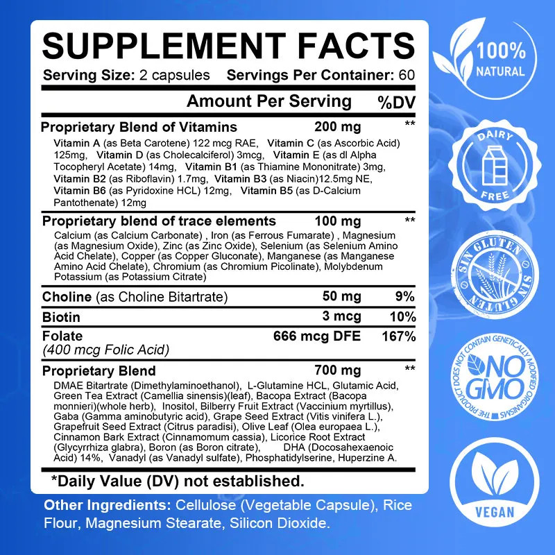 Brain Health Memory Booster Helps Improves Focus Memory Clarity 30-120 Capsules