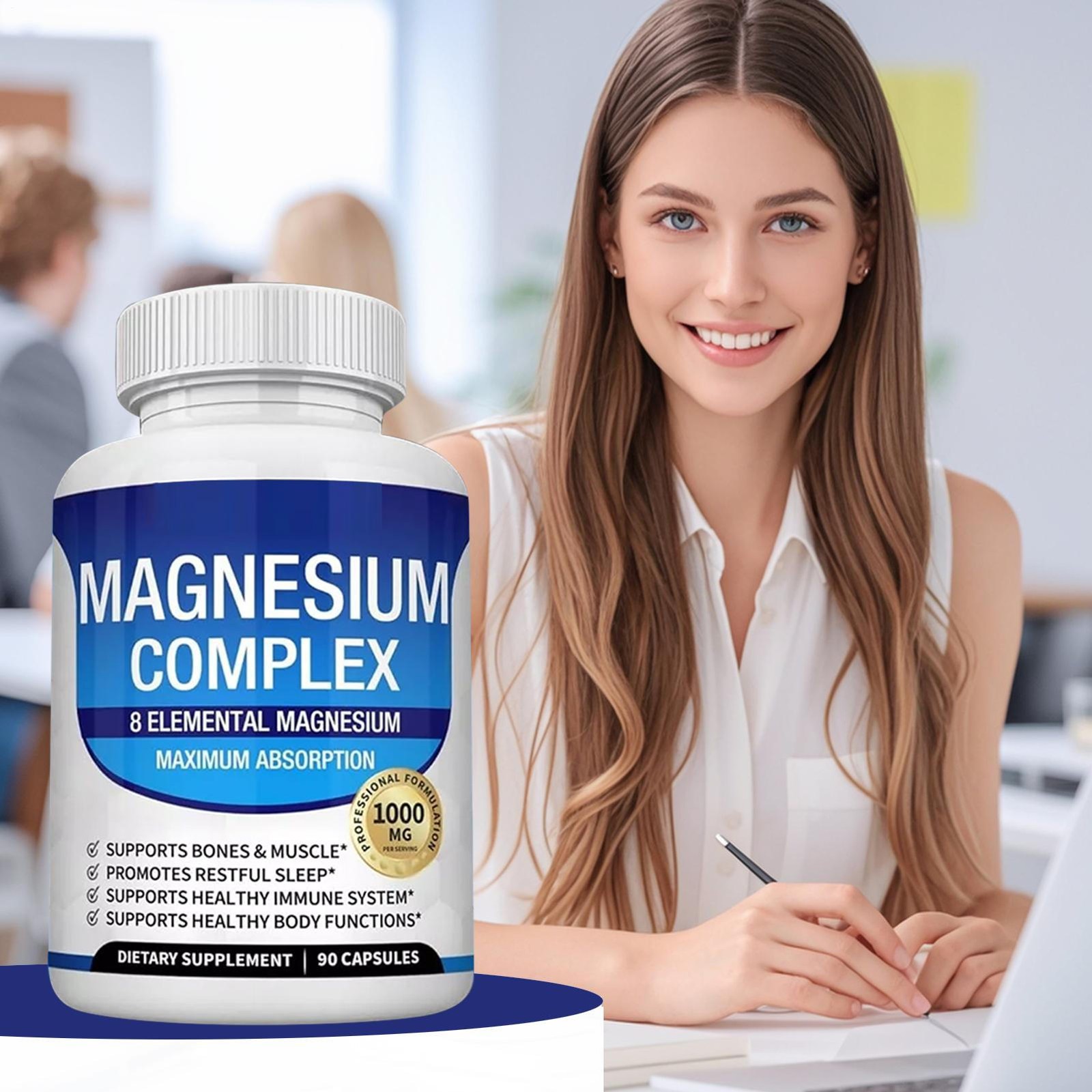 90 Count Magnesium Glycinate Complex Capsules, 1000mg Daily Mineral Wellness