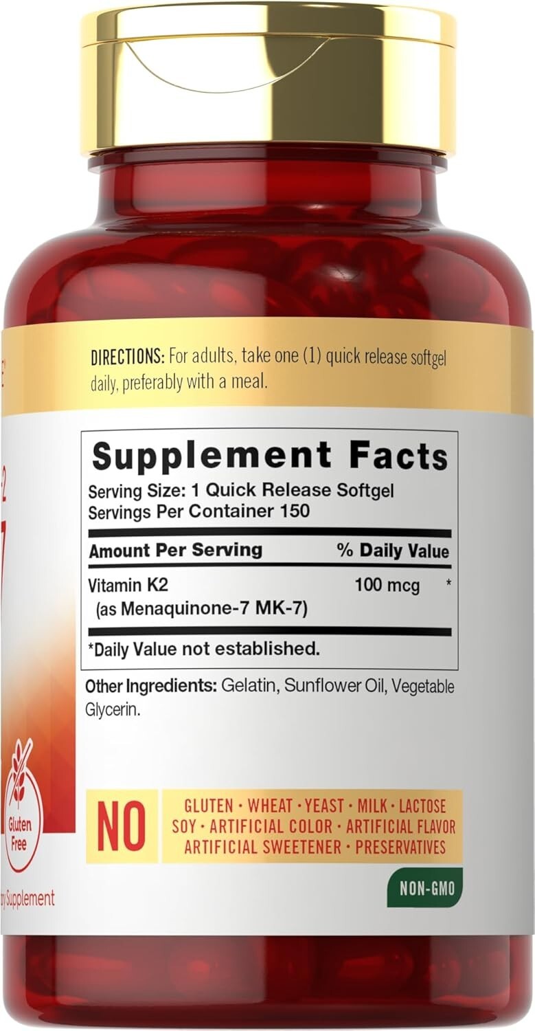 Vitamin K2 MK7 100 mcg | 150 Softgels | Non-GMO, Gluten Free Supplement