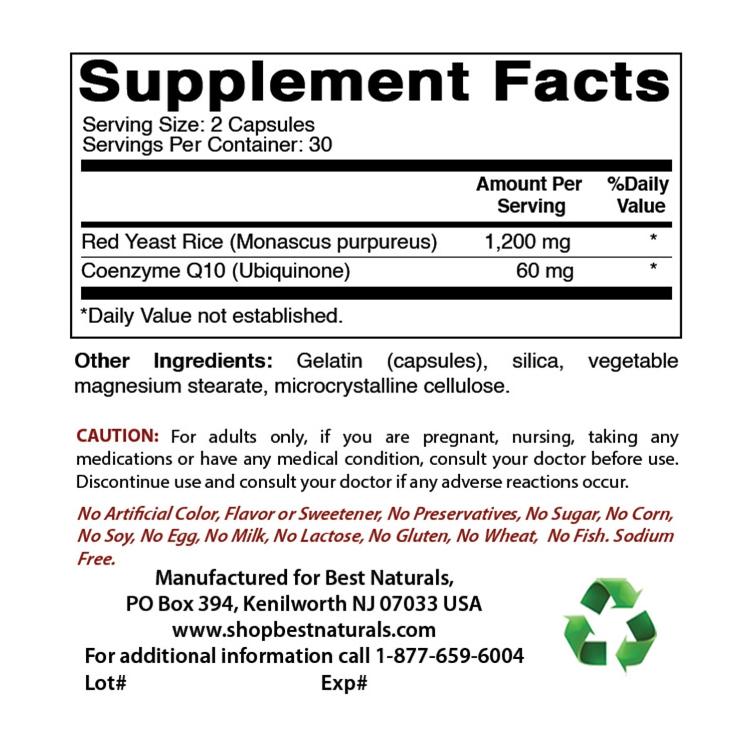 3 Pack Best Naturals Red Yeast Rice with COQ10 60 Capsules
