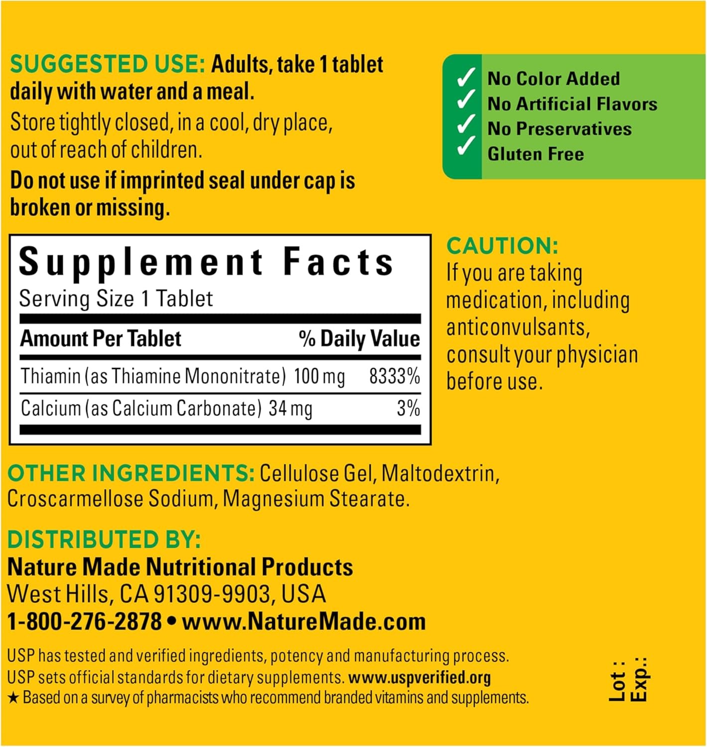 Nature Made Vitamin B1 100 mg, Supplement Energy Metabolism Support, 100 Tablets