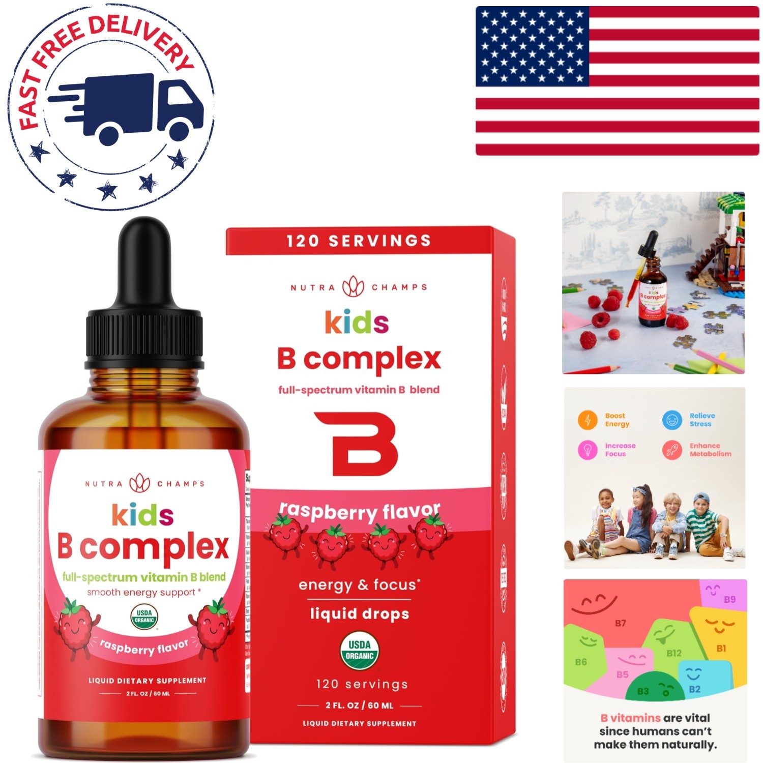 Organic Kids Vitamin B Complex Drops – Energy & Focus Booster, 120 Servings