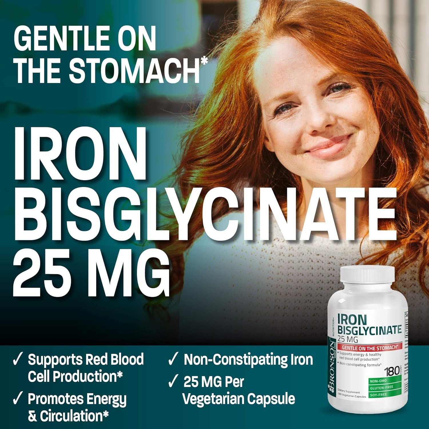 Bronson Iron Bisglycinate 25mg Supports Energy Non-Constipating 180 Veg Capsules