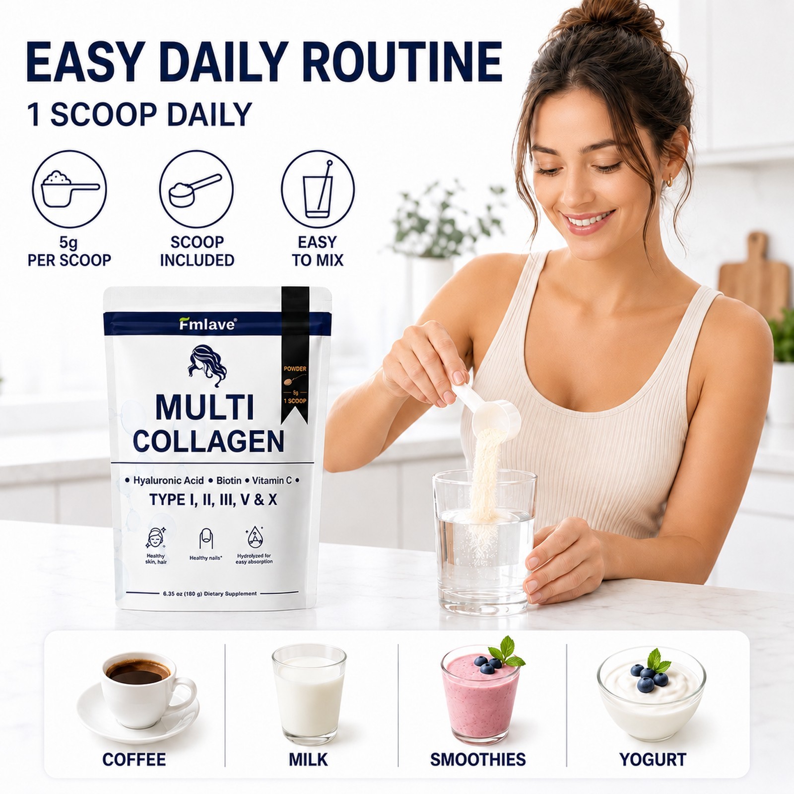 Multi Collagen Peptides Powder Type I II III V X VitaminC Biotin Hyaluronic Acid