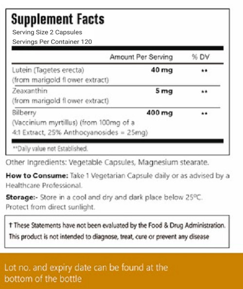 Lutein 40mg with Zeaxanthin Bilberry 400mg Eye Health Support Supplement, 240Cap