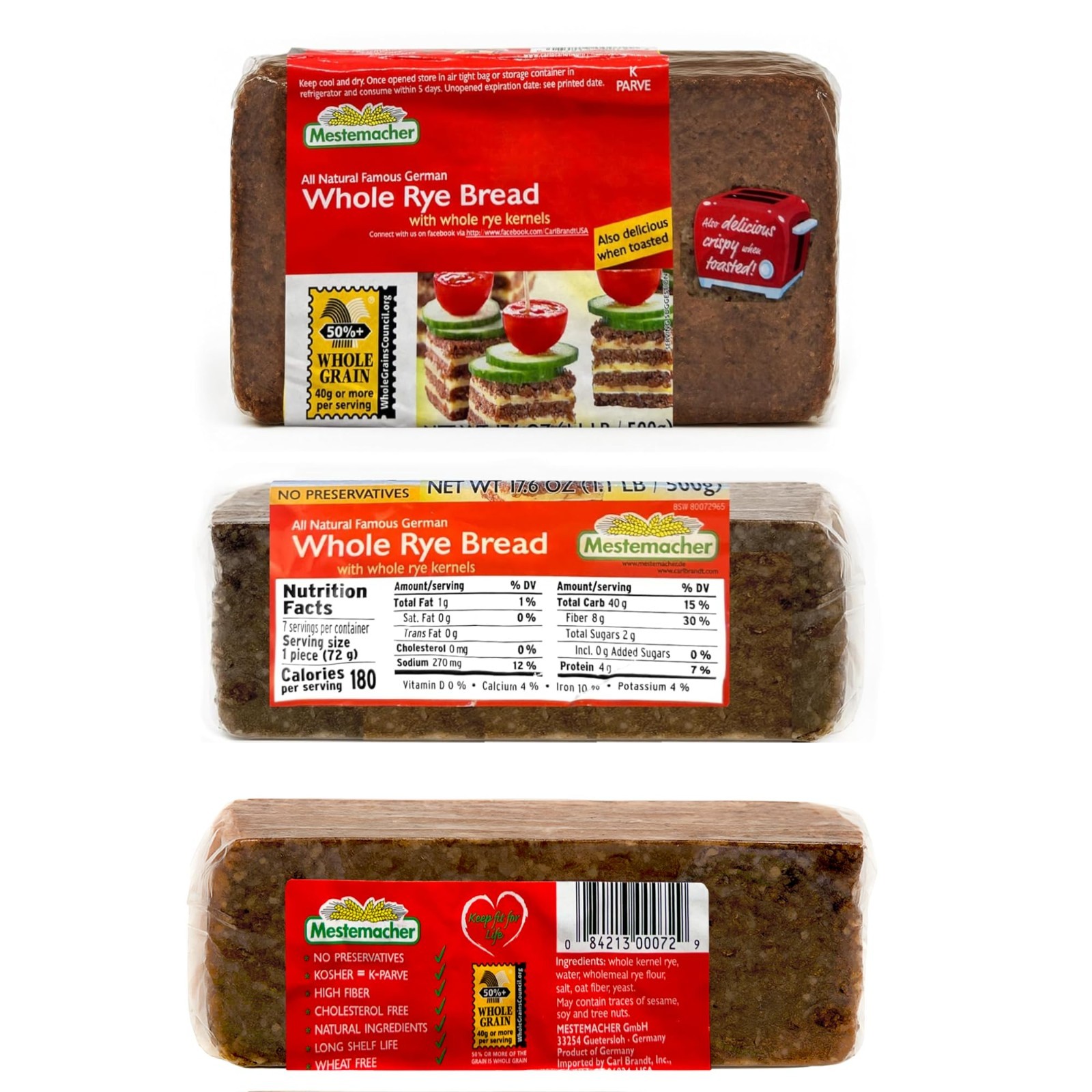 High Fiber Bread Variety Pack – Organic Three Grain, Pumpernickel & Whole Rye, 3
