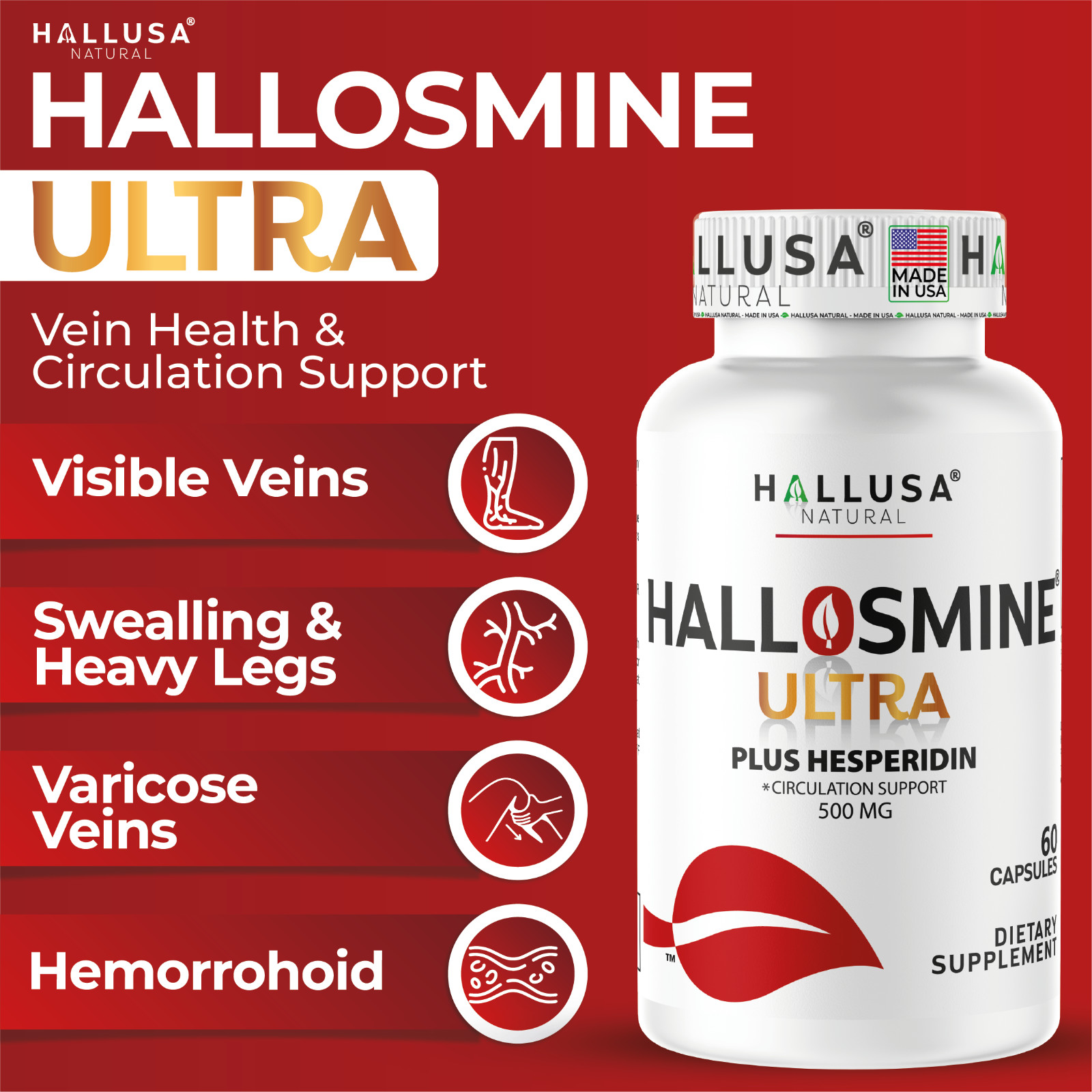 HALLOSMINE ULTRA Diosmin Hesperidin 650mg, Varicose Veins, Hemorrhoids, 60 caps