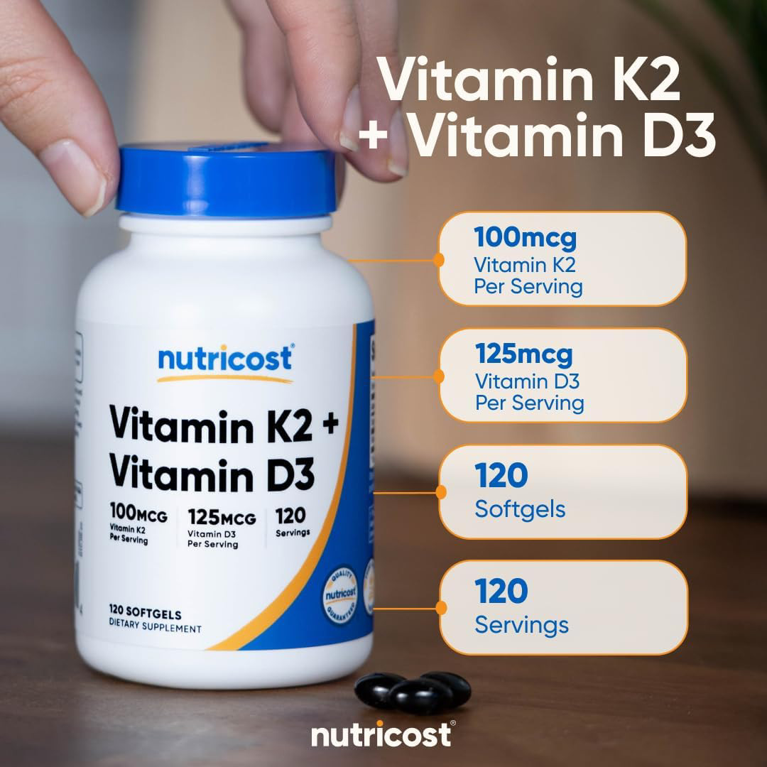 Nutricost Vitamin K2 (100mcg) + Vitamin D3 (5000 IU) 120 Softgels – Gluten Free
