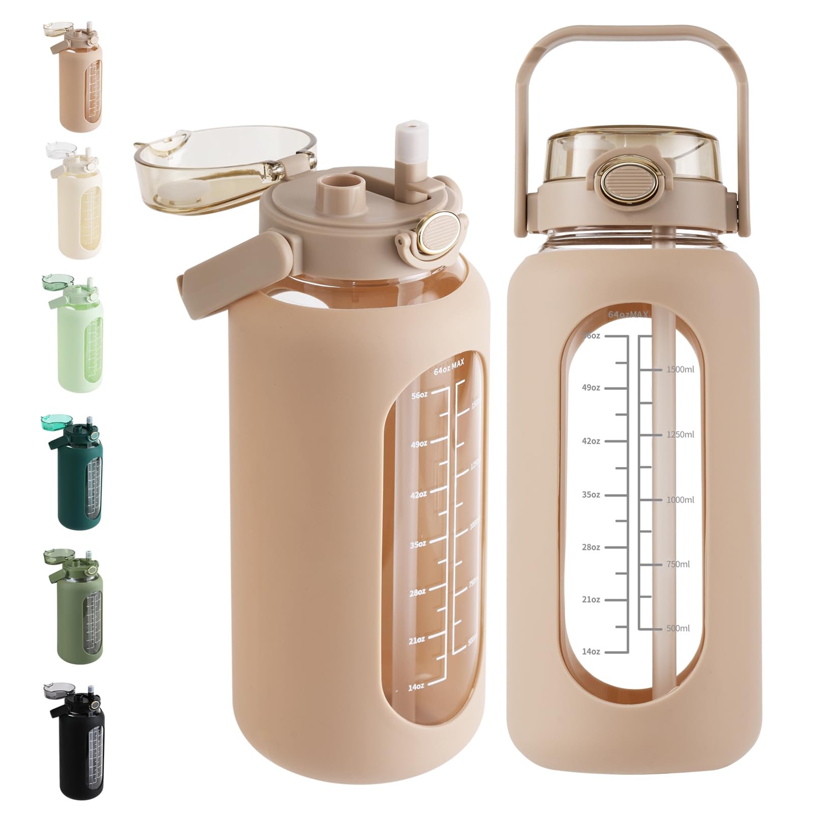 SIEROZUR 64oz Glass Water Bottle with Straw & Handle Lid | 64 Ounces, Amber