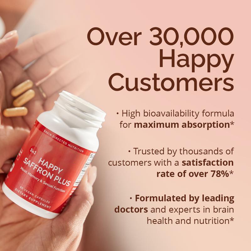 1-3X Happy Saffron Plus, 90 Vegan Capsules with Saffron Extract, Curcumin Zinc &