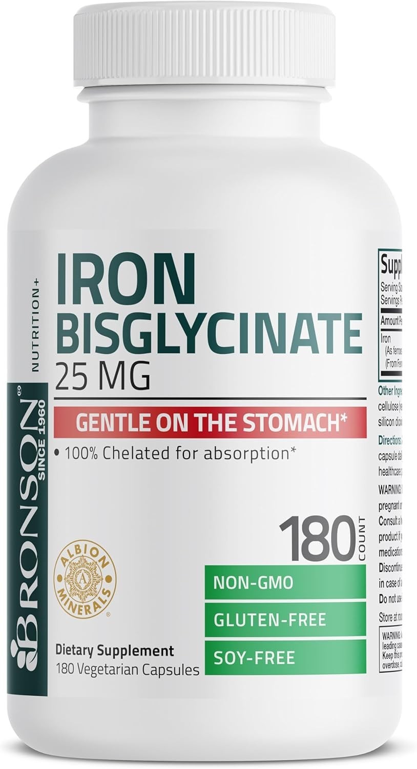 Bronson Iron Bisglycinate 25mg Supports Energy Non-Constipating 180 Veg Capsules