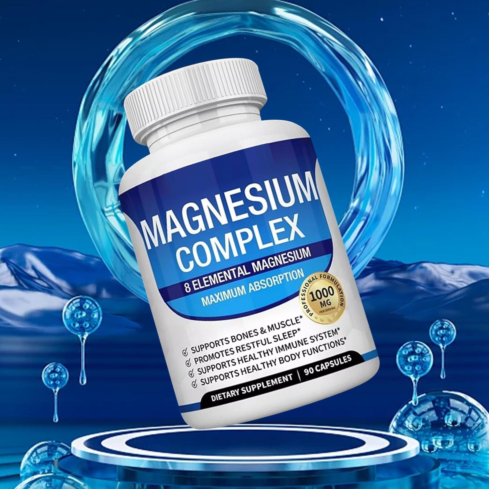 90 Count Magnesium Glycinate Complex Capsules, 1000mg Daily Mineral Wellness