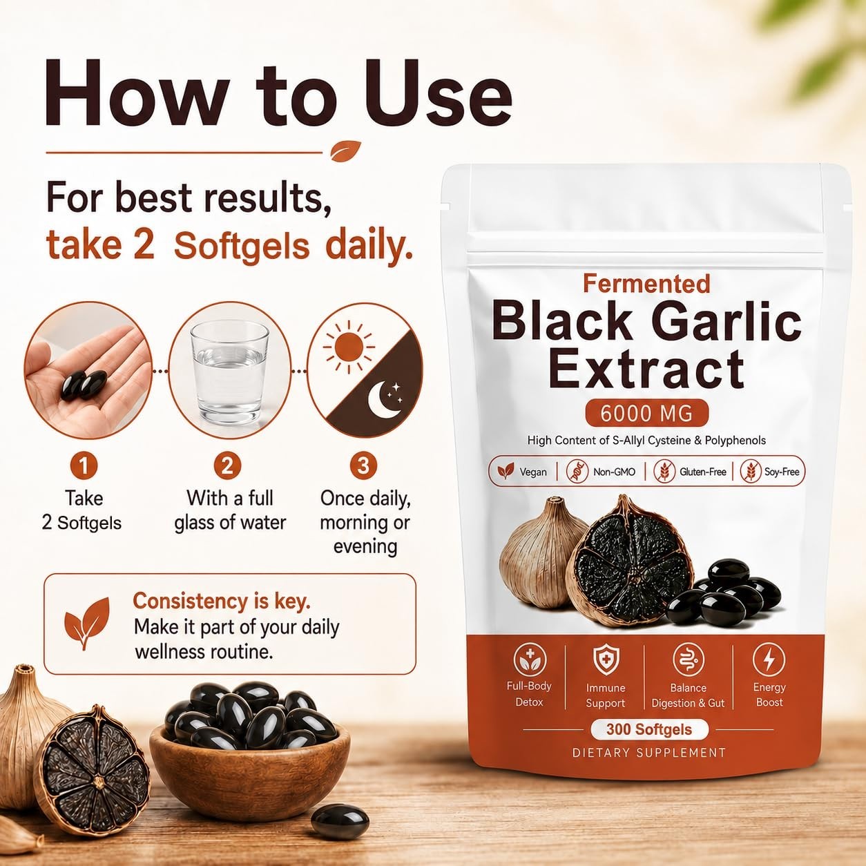 Odorless Fermented Black Garlic Extract – Vegan Immunity Support, Energy Boost,