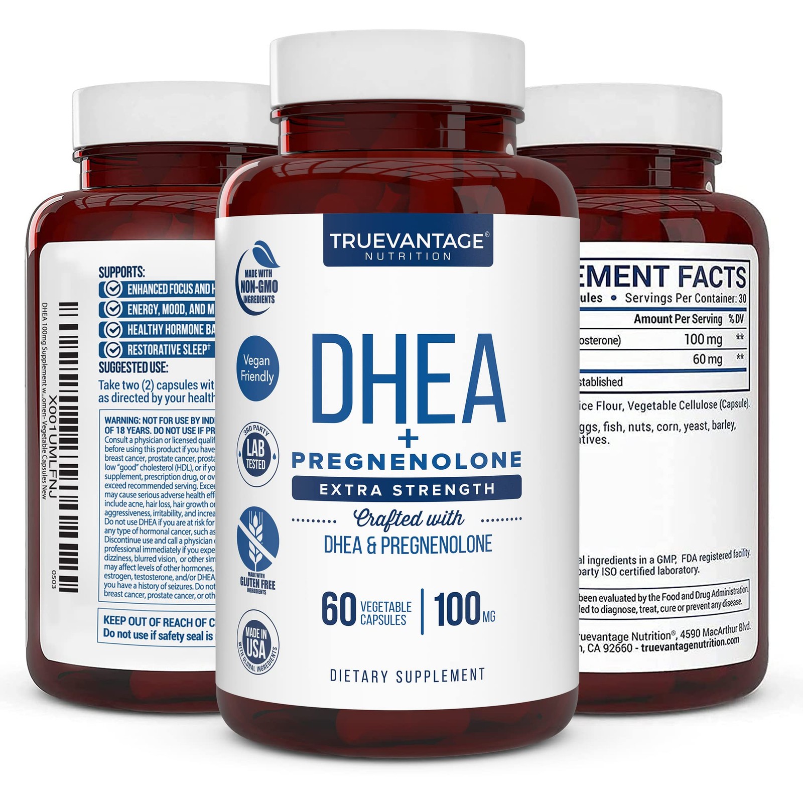 Truevantage Nutrition DHEA 100mg Supplement with 60 Count (Pack of 1), Clear