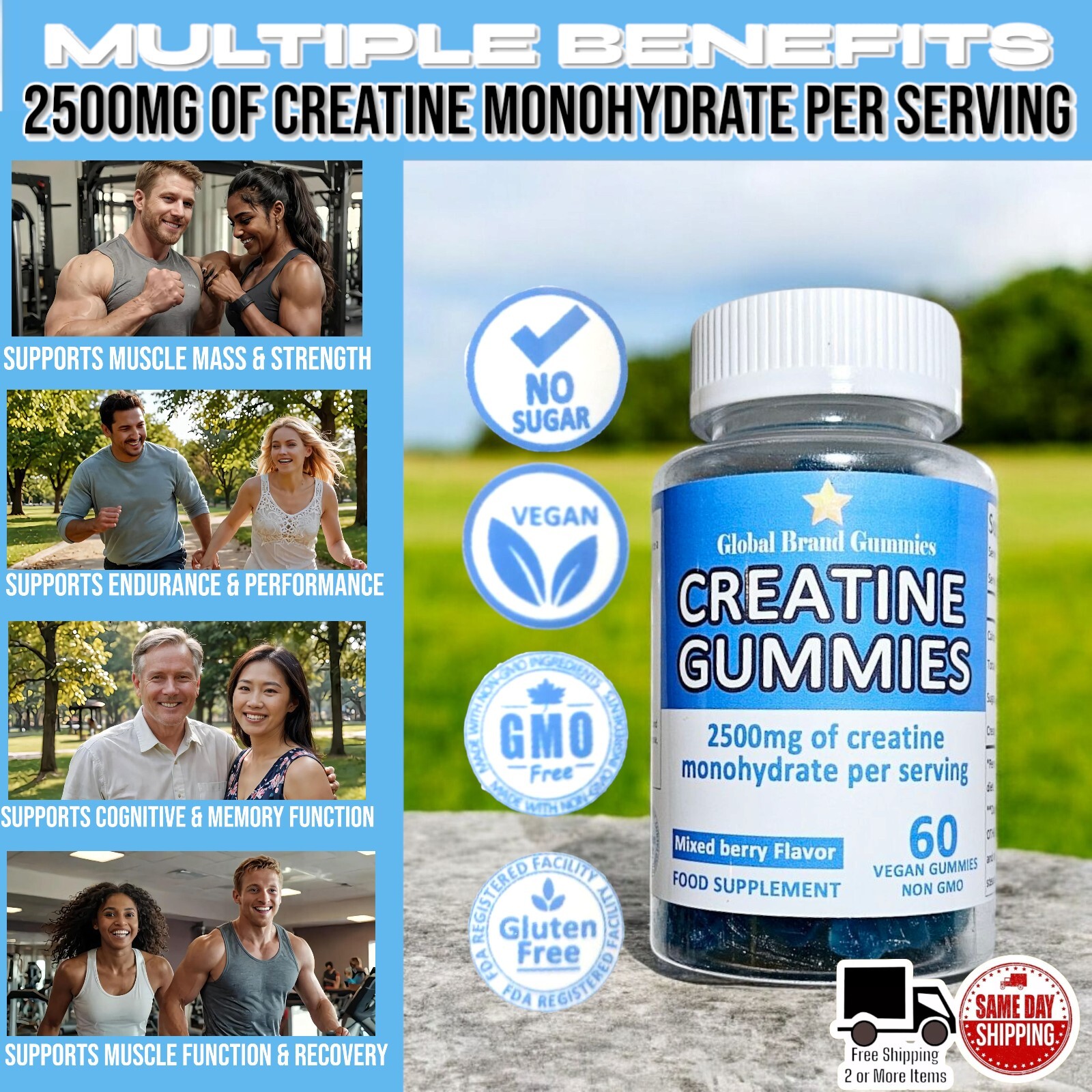 CREATINE GUMMIES 2500MG Creatine Monohydrate Per Serving Mixed Berry 60 Ct