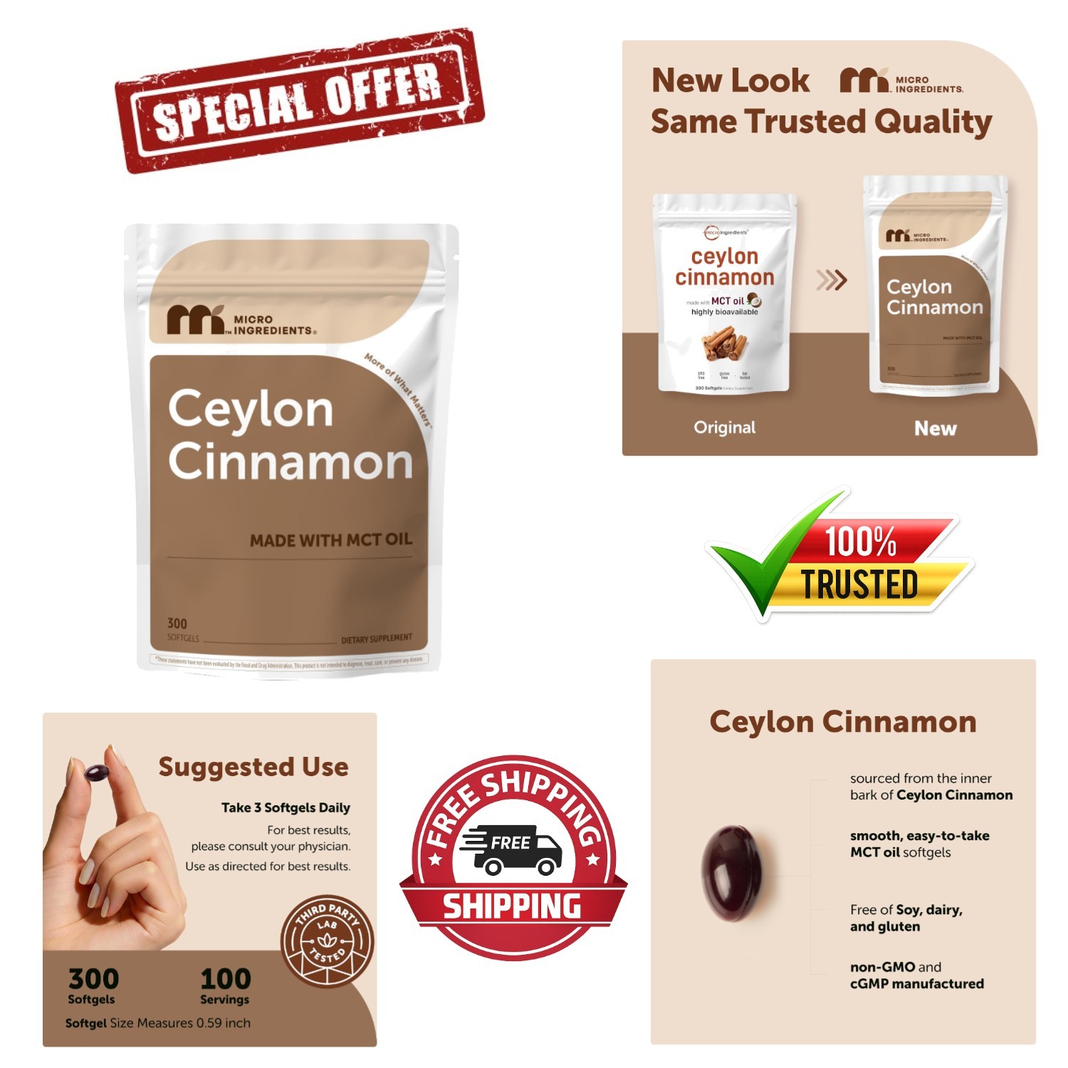 Ceylon Cinnamon Extract Softgels with MCT Oil – 300 Count, Gluten-Free