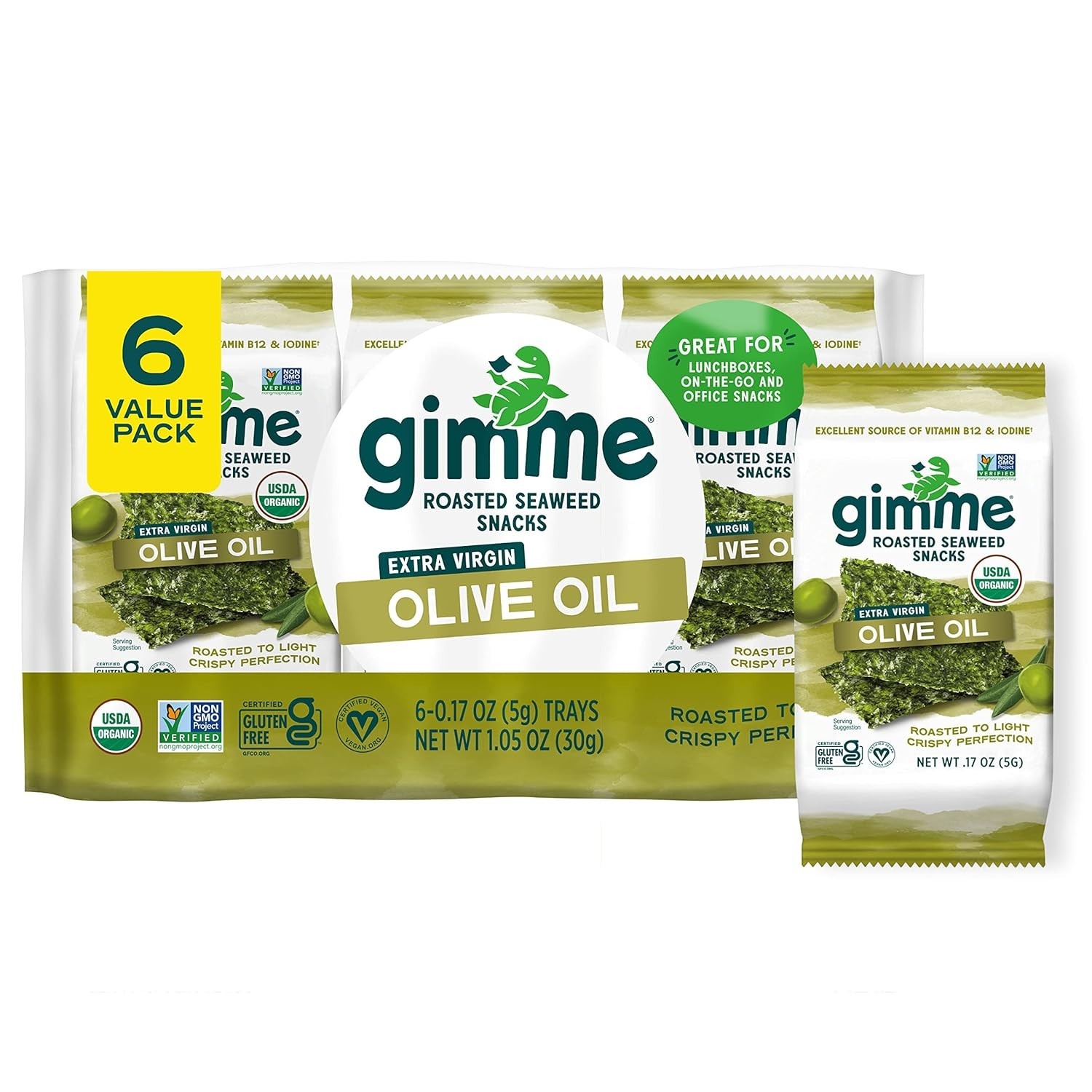 Gimme Organic Roasted Seaweed Snack, EVOO, 6Ct, Keto, Vegan, GF, Omega-3, Iodine