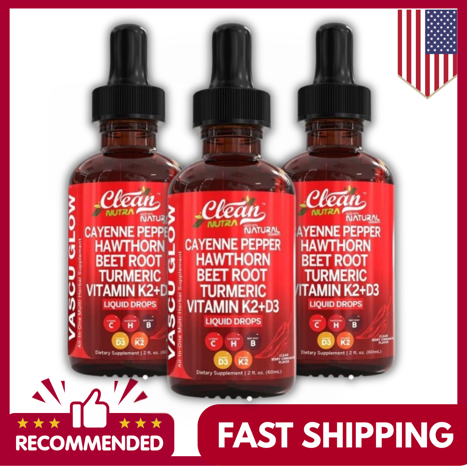 Pepper Cayenne Hawthorn Beet Root Turmeric Vitamin K2+D3 Liquid Drops 60ML-3pc