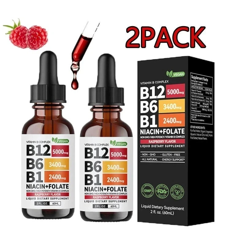 (2-PACK) Vitamin B12 Liquid Formula Drops with B6, B1, Niacin & Folate – High Qu