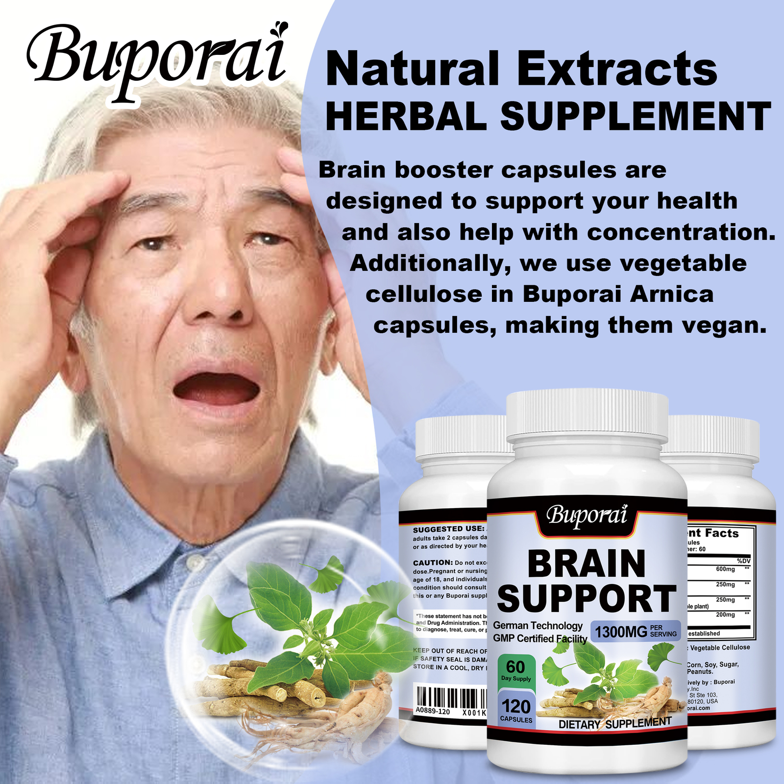 Brain Support – Ginkgo Biloba, Ginseng-Promotes Brain Health and Improves Memory