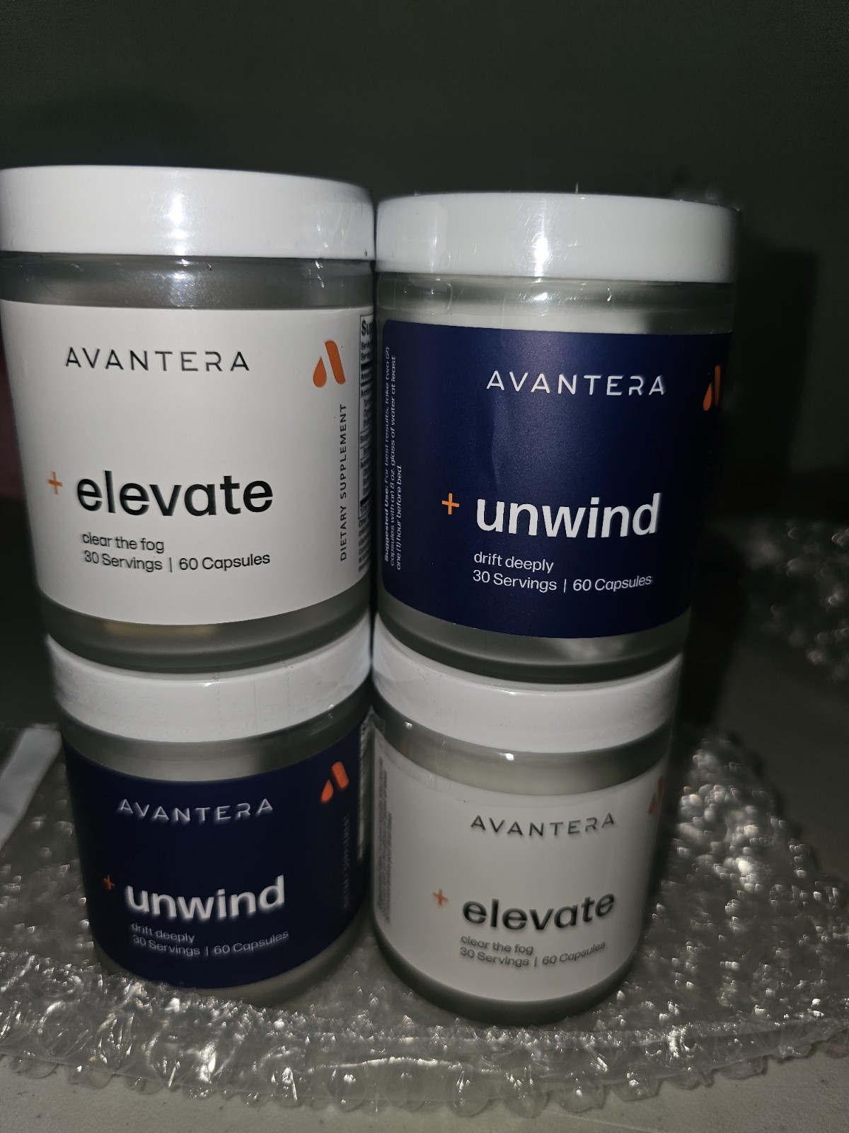 NEW & SEALED- AVANTERA 2 Bottles Of Elevate & 2 Bottles Of Unwind (60) caps each