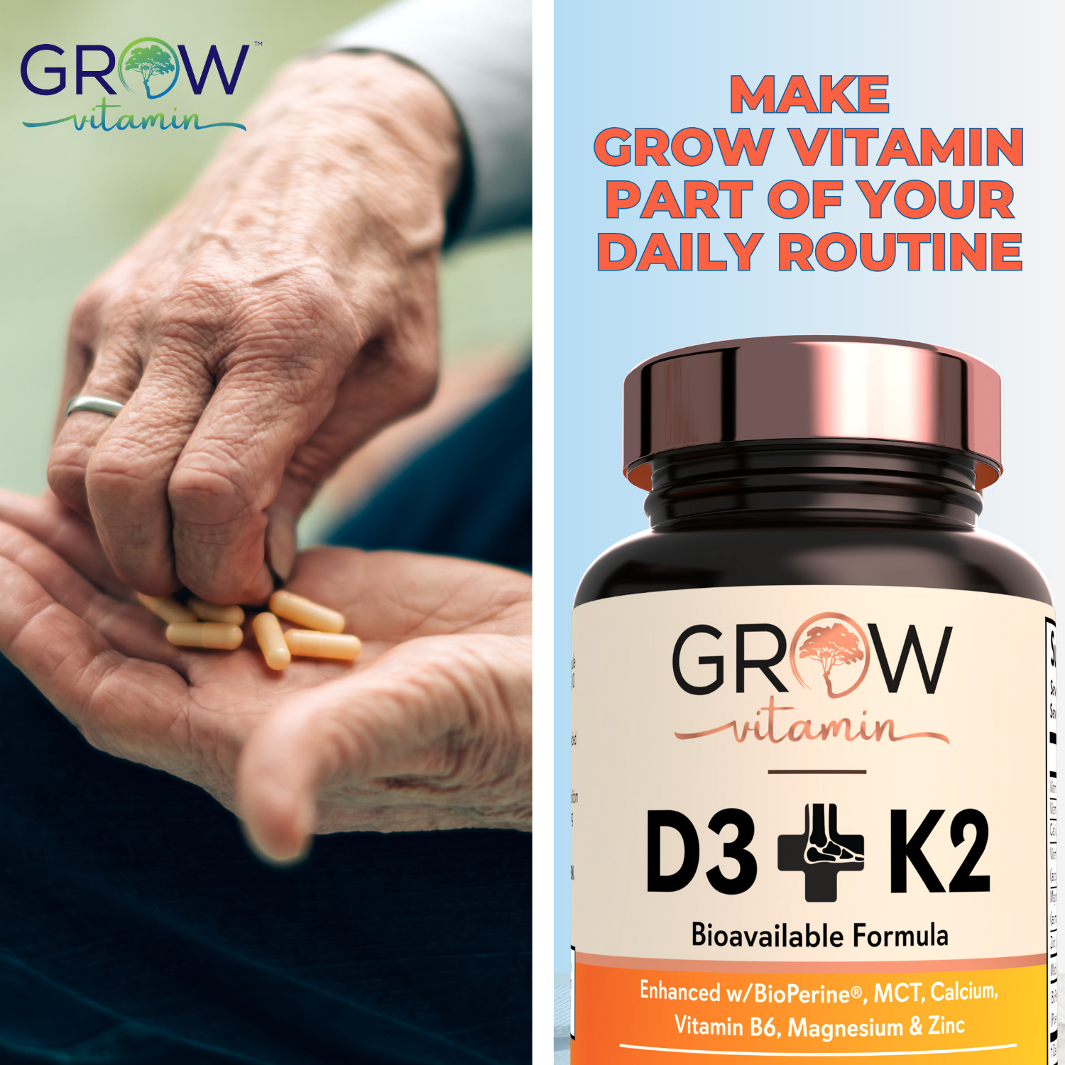 Grow Vitamin Organic Vitamin D3 & K2 w/MCT Oil (10,000 IU) MK7 – 60 capsules