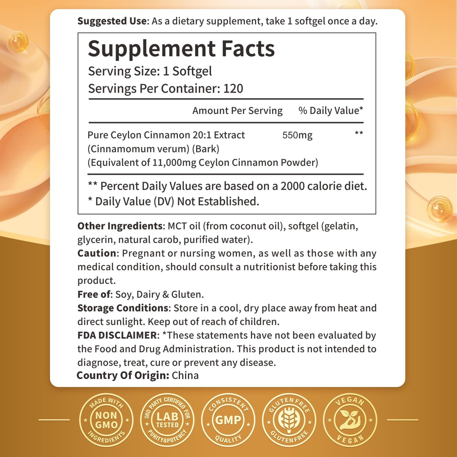 Organic Ceylon Cinnamon & MCT Oil Softgels – 120 Count, Energy & Metabolism Boos