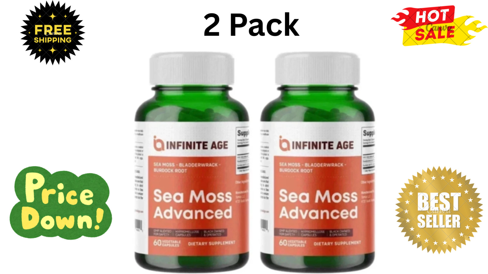 Lot of 2 INFINITE AGE Sea Moss Advanced 1250mg Superfood, High-Potency 60 Ct P