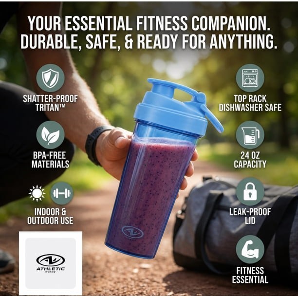 Athletic Works 24 fl oz Blue Tritan Shaker Bottle BPA-Free Leakproof Flip Lock