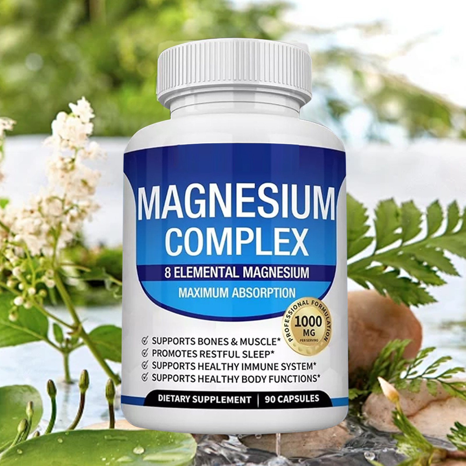 90 Count Magnesium Glycinate Complex Capsules, 1000mg Daily Mineral Wellness