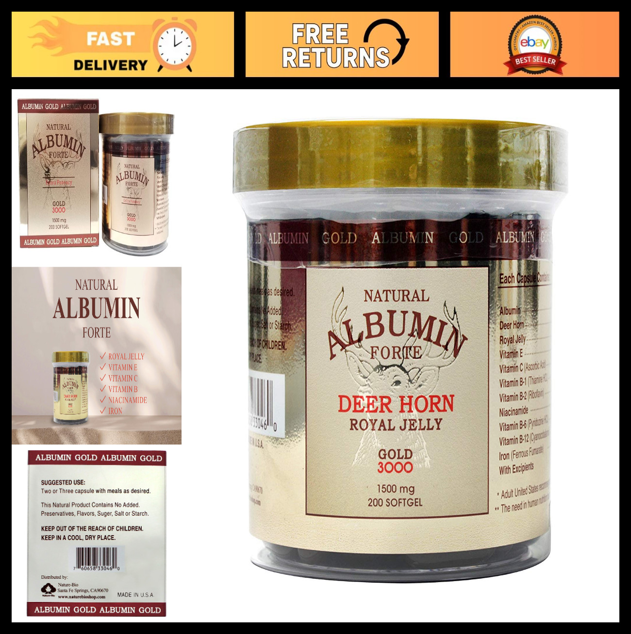 Natural Albumin Forte Deer Horn & Royal Jelly 1500mg – 200 Softgels, Immune Supp