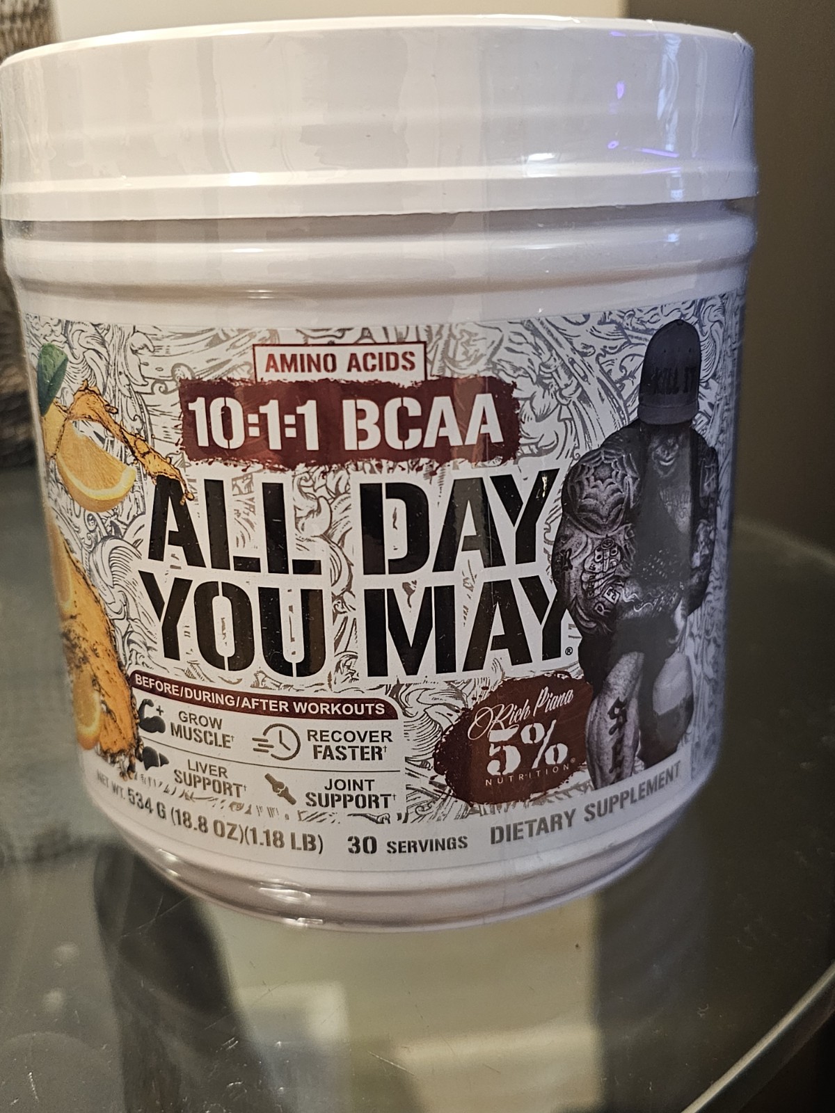 5% Nutrition All Day You May BCAA Amino Acids Powder Italian Lemon Ice 10/28 Exp