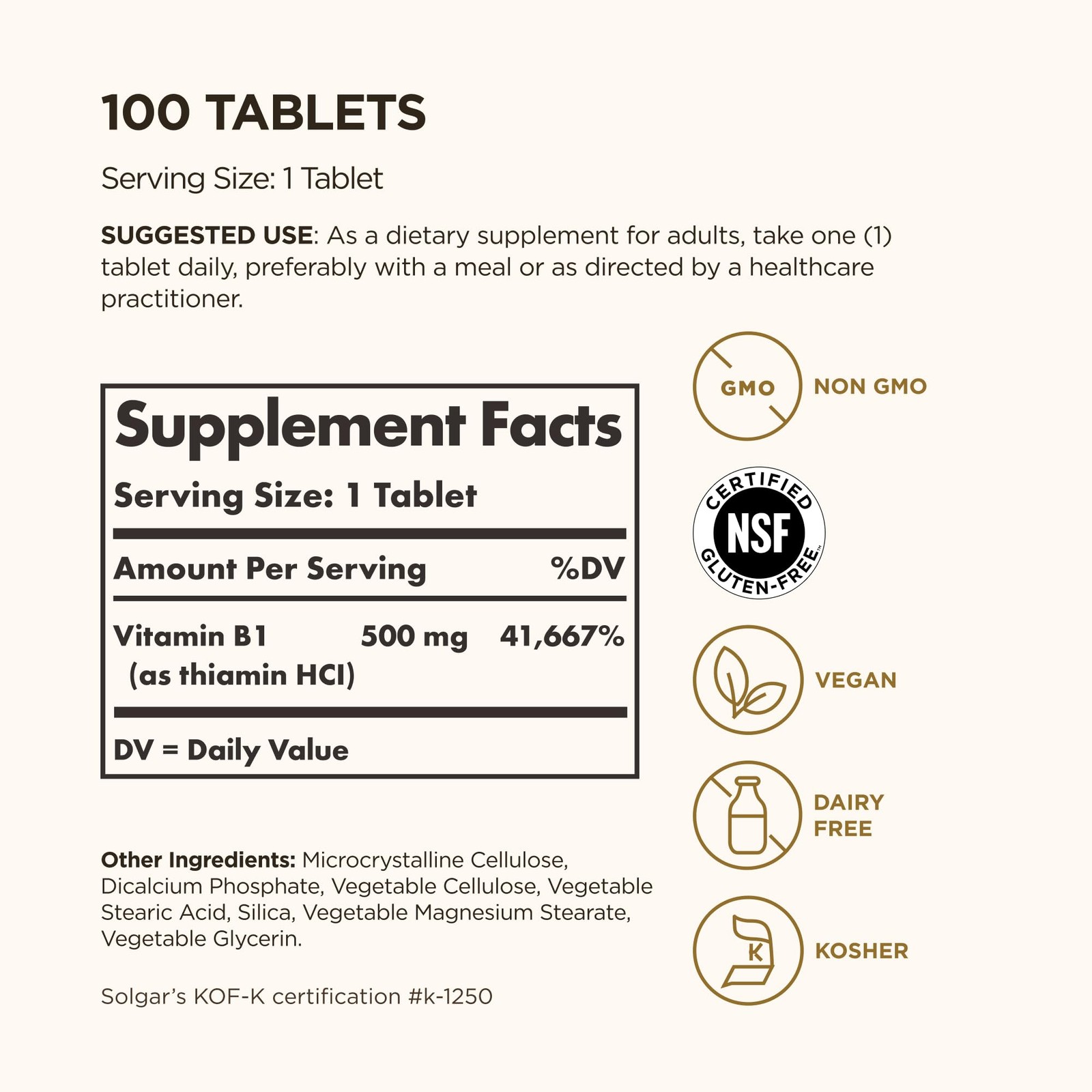 Solgar Vitamin B1 (Thiamin) 500 mg, 100 100 Count (Pack of 1), No Color