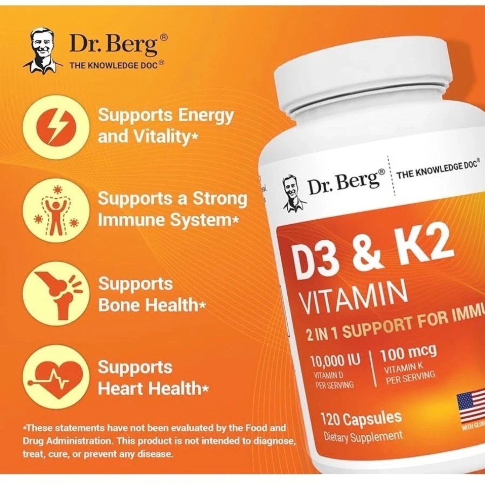 Dr. Berg’s Nutritionals 100mg Vitamin D3 &K2 Supplement – 120 Capsules