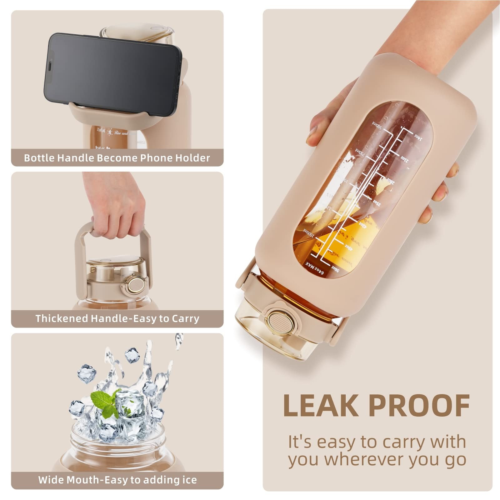 SIEROZUR 64oz Glass Water Bottle with Straw & Handle Lid | 64 Ounces, Amber