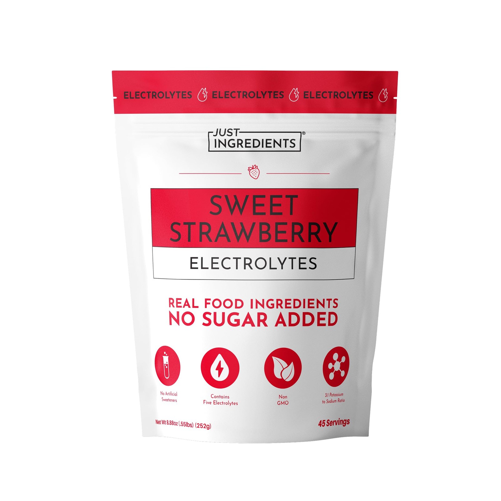 JUST INGREDIENTS Sweet Strawberry Electrolyte Powder, 45 Servings, 5 Key Elec…