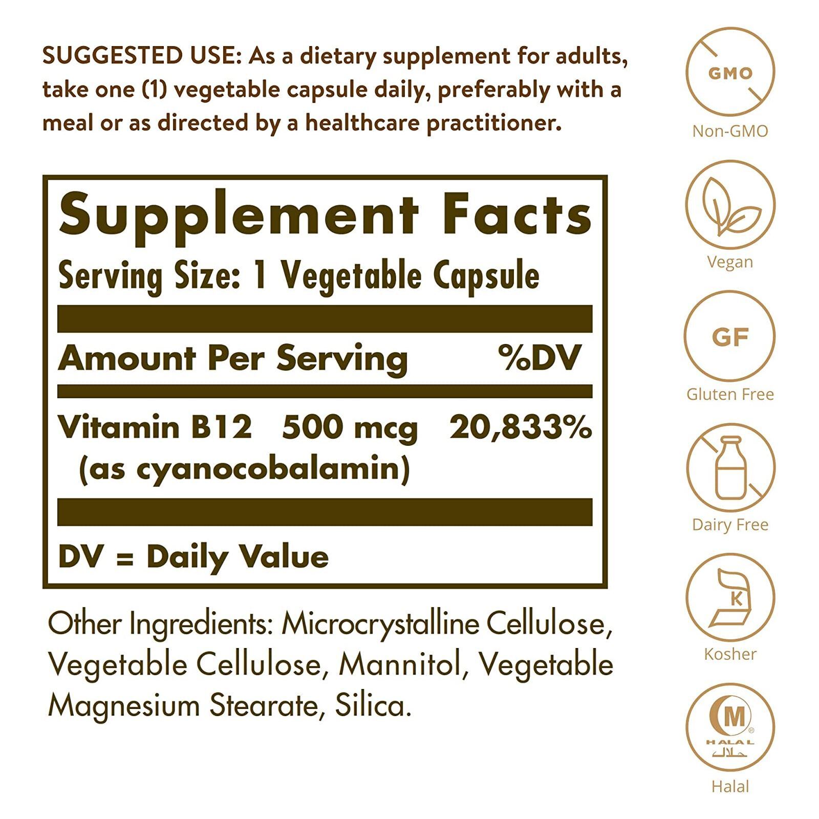 Solgar Vitamin B12 500 mcg 100 Vegetable Capsules