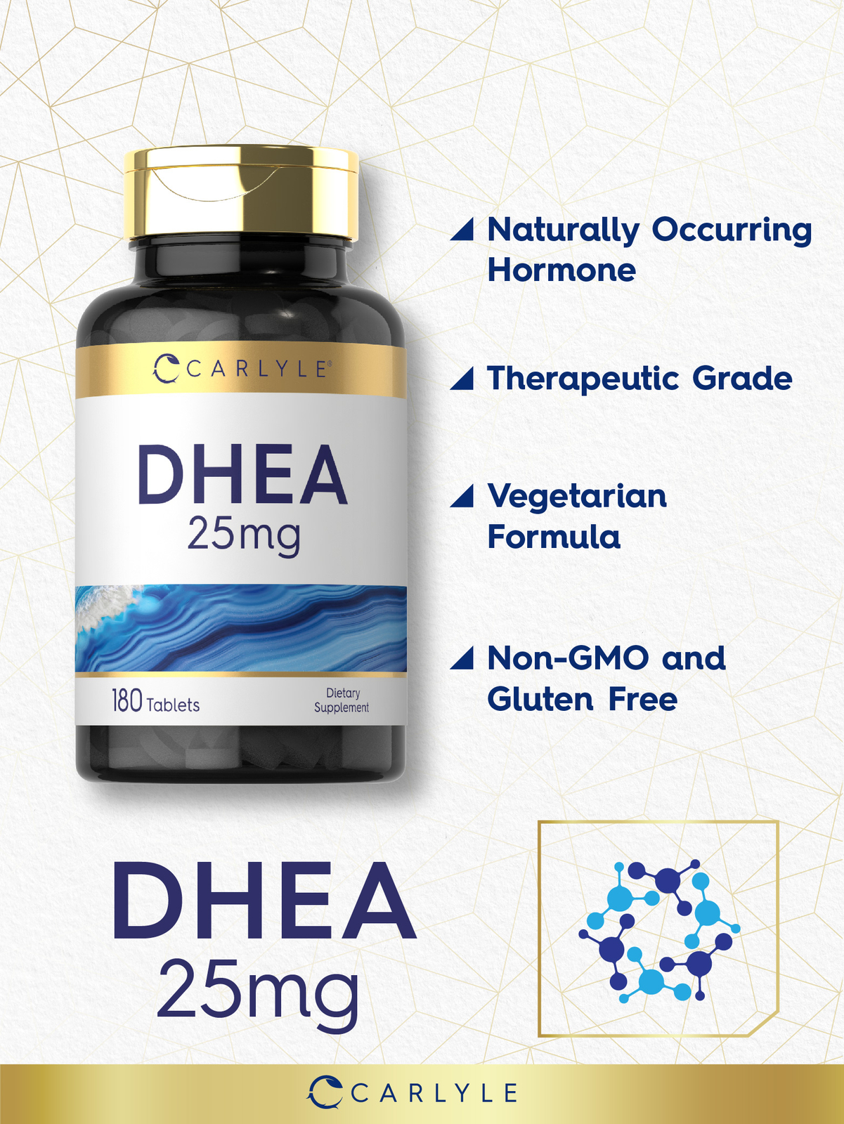 DHEA 25mg | 180 Tablets | Vegetarian | Non-GMO, Gluten Free | by Carlyle