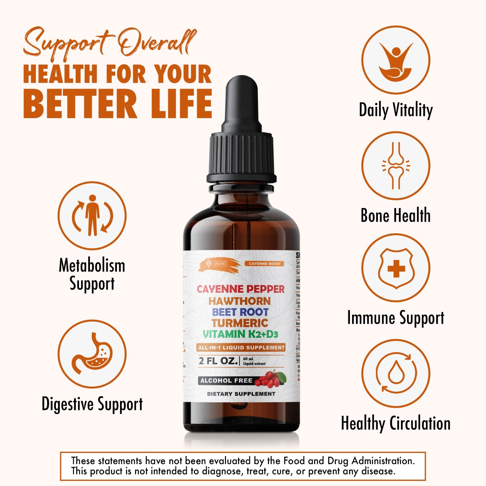Cayenne Pepper Hawthorn Beet Root Turmeric K2 D3 Liquid Supplement 2oz Drops