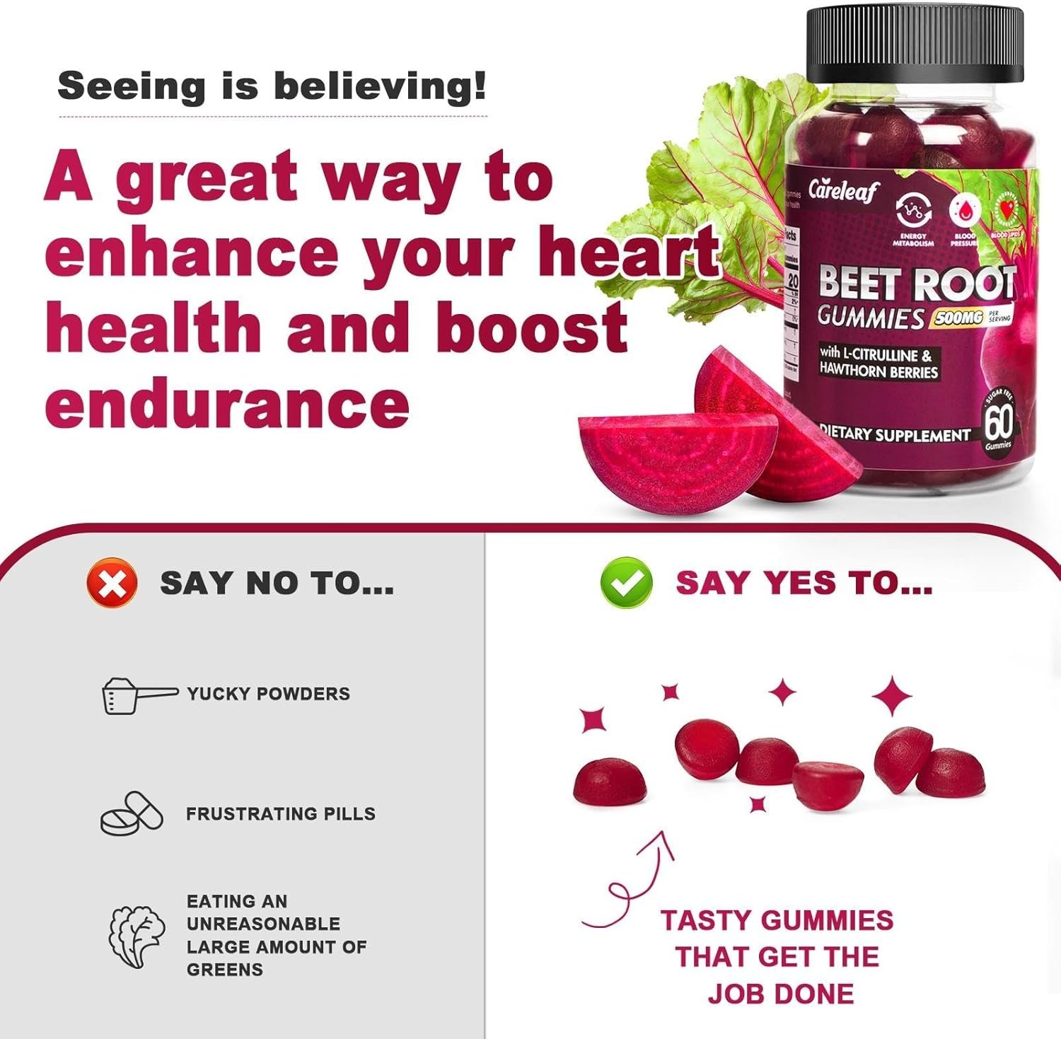 Careleaf Beetroot Gummies 500mg Energy Booster 60Ct