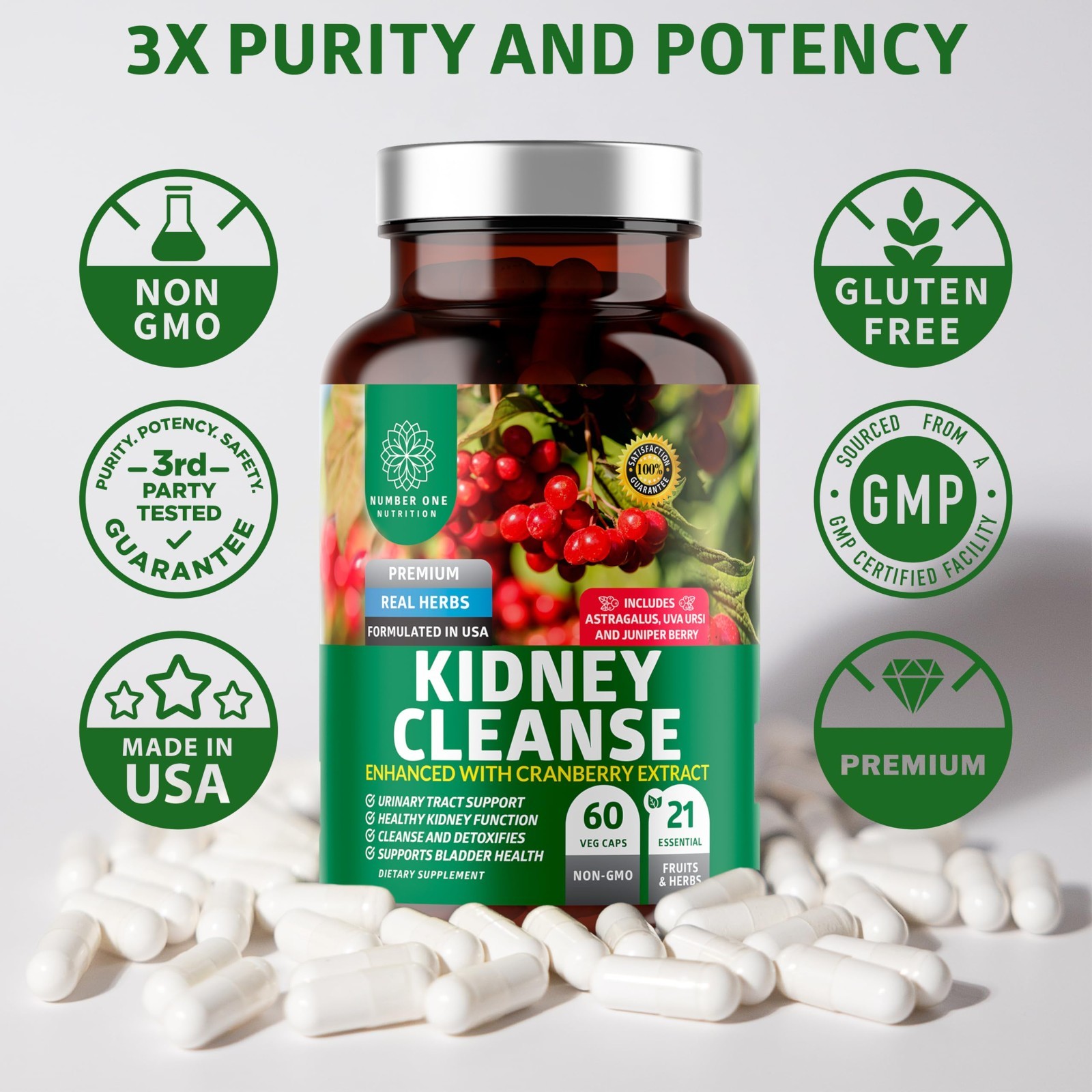 Kidney Support Supplement with 21 Herbs & Cranberry, Astragalus, Uva Ursi – 60 C